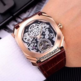 Nieuwe Octo Finissimo Tourbillon 102719 BGO40PLTBXTSK Skeleton Automatic Herenhorloge Rose Gold Case Bruine Lederen Band Nieuwe Horloges ti205l