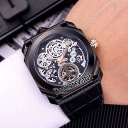 NIEUWE OCTO FINISSIMO TOURBILLON PVD Black Steel Case 102719 BGO40PLTBXTSK Skeleton Automatische Herenhorloge Lederen Band Nieuwe Horloges TimeZonEWATH