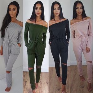 Nieuwe Off Shoulder Sexy Jumpsuits Casual Slash Neck Lange Mouw Elegante 2018 Dames Rompertjes Bodysuit Solide Overalls Pocket Jumpsuit Y19060501