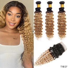 NUEVA OMBER Dreamdiana Deep Wave 1B/27 1B/4/30 Rubia Brasil Curly 3 BUNDLES CON CLEATURA Remy Peluces para el cabello humano