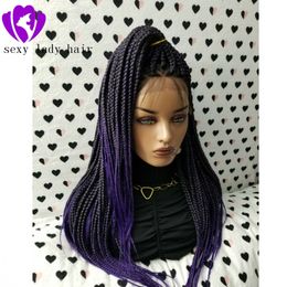 Nouveau Ombre violet couleur synthétique tressé perruques haute température fibre cheveux longue boîte tresses dentelle avant perruque pour les femmes