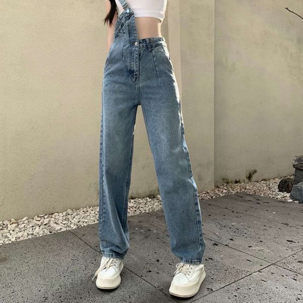 Neue One-shoulder Overalls Jeans Frauen Koreanischen Stil Hohe Taille Jean Hosen Weibliche Blau Lose Beiläufige Gerade Hosen