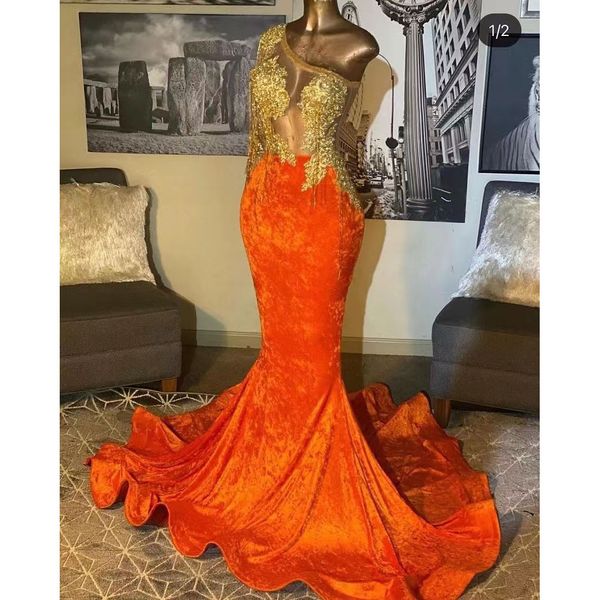 Nouveau Orange sirène robes de bal africaine une épaule voir à travers la dentelle robe formelle filles noires remise des diplômes robe de soirée