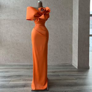 Nieuwe oranje zeemeermin prom -jurken voor vrouwen uit schouder 3D bloem plooi formeel feest elegante avondjurk op maat gemaakt