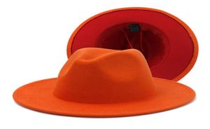 Nieuwe sinaasappel met rood fedora hoeden vrouwen hele faux wol brede rand tweekleurige jazz hoed mannen panama feest bruiloft formele hat249p15487732144876