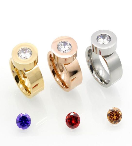 Nuevo diseño original de acero inoxidable Banda ancha Gold Four Color Zircon Titanium Ring de piedra intercambiable para mujeres sin fade9361024