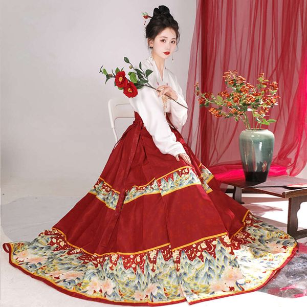 Nouvelle robe de soirée de personnalité originale en vedette jupe de visage de cheval de la dynastie Ming Hanfu femme Han élément Style chinois quotidien cent jupe longue plissée 210