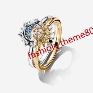 Nouveau anneau de fabricant d'origine S925 STERLING Silver Celestial Blue Sparkling Sun and Moon Ring Set Bijoux avec