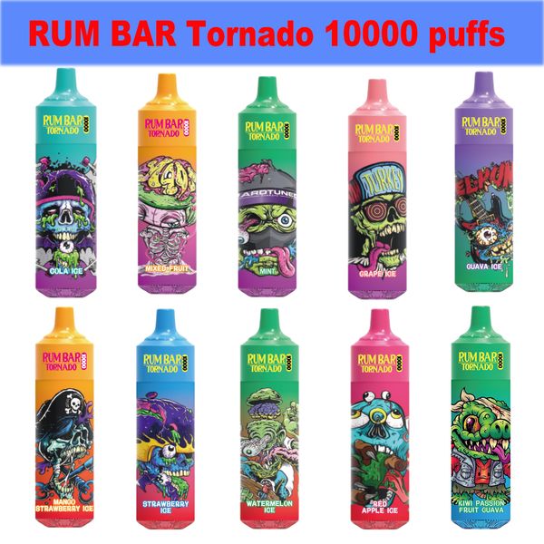 NOUVEAU Original RUM BAR Tornado 10000 bouffées Vape jetable E cigarette bouffée 10k 600mah Batterie rechargeable 13ml Chariots préremplis 0% 2% 3% 5% barre de vaper électronique