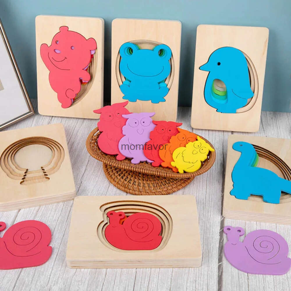 New Other Toys Montessori Multi-layer Wooden Jigsaw Puzzles Early Education Cartoon Animal 3D Puzzle Building Blocks for Children birthday gift