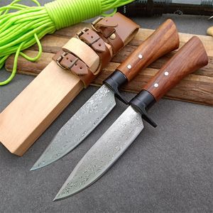 Nuevo Cuchillo de caza con cuchillas Fxied para exteriores, hoja de acero con patrón, mango de madera, cuchillos rectos con funda de madera