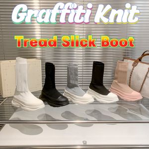 Designer Graffiti Knit Tread Slick Boot Mode damessokken laarzen platform Casual schoenen wit zilver zwart roze hoge knielaarsjes luxe damessneakers trainers