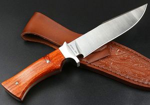Nouveau couteau droit de survie en plein air VG10 Drop Point Satin Lame Full Tang Manche en bois de rose Couteaux à lames fixes avec gaine en cuir