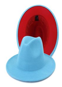 Nouveau lac extérieur bleu intérieur en laine rouge feutre Fedora Chapeau double patchwork Douche formelle de tenue de mariage Felted Classic Jazz Cap2263395