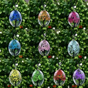 Nieuwe ovale boom van leven glas kettingen voor vrouwen gedroogde bloemen specimen hanger lederen ketting mode-sieraden cadeau