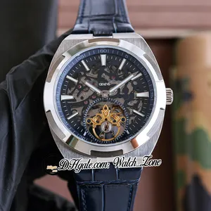 Nieuwe Overseas Tourbillon 6000V/110T-B935 Skeleton Dial Automatic Mens Watch 6000V Stick Markers Steel Case Blue Leather Strap Gents Watches WatchZone E178a1