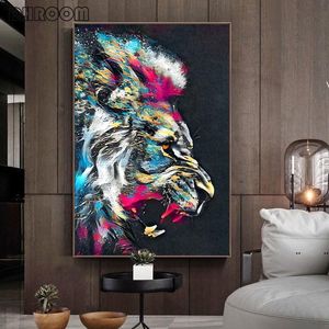 Nieuwe schilderijen abstracte kleurrijke leeuw schilderij moderne dier wall art foto cuadros voor kunstwerk poster canvas woondecoratie EWD7756