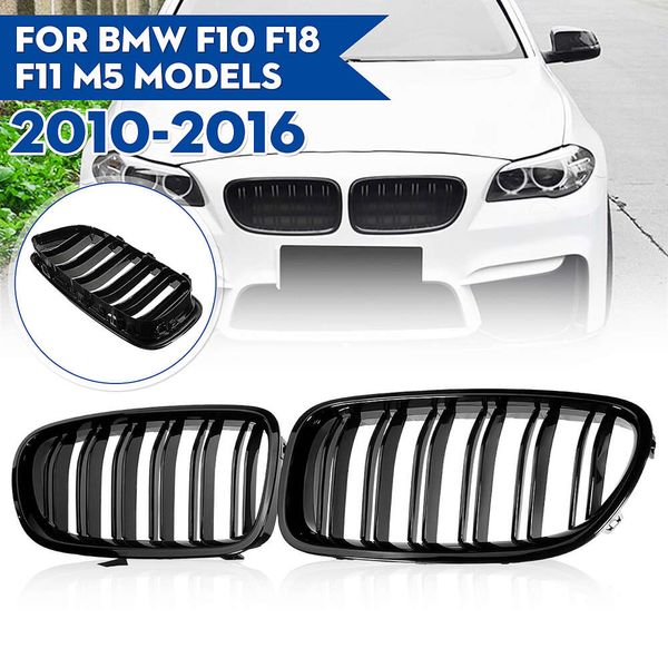 Nuevo par de rejillas de rejilla de doble listón de riñón de parachoques delantero para BMW F10 F11 M5 535i 550i 528i 10-16 rejilla de riñón de capó delantero negro brillante