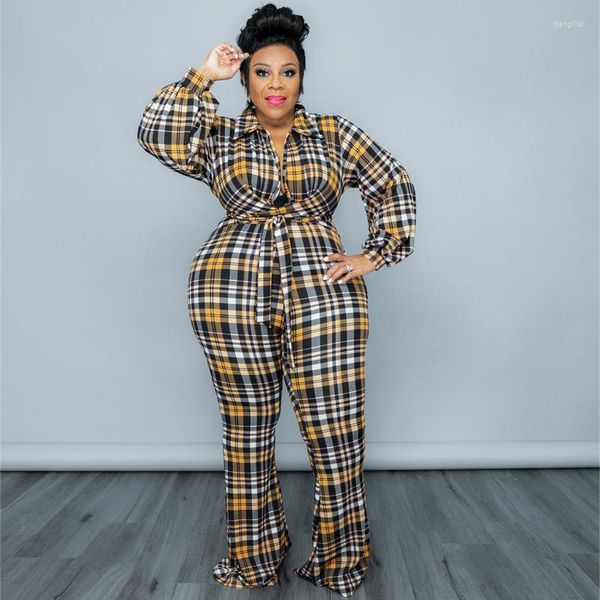 Nouveau pantalon grande taille vêtements pour femmes automne mode décontracté manches bouffantes Plaid impression revers dames combinaison XL-5XL surdimensionné