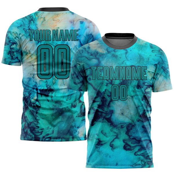 Camiseta personalizada de uniforme de fútbol con sublimación verde azulado y negro con efecto tie-dye