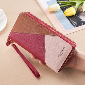Nuevo bolso de teléfono de doble tirón de gran capacidad con contraste de color de retazos para billetera de mujer