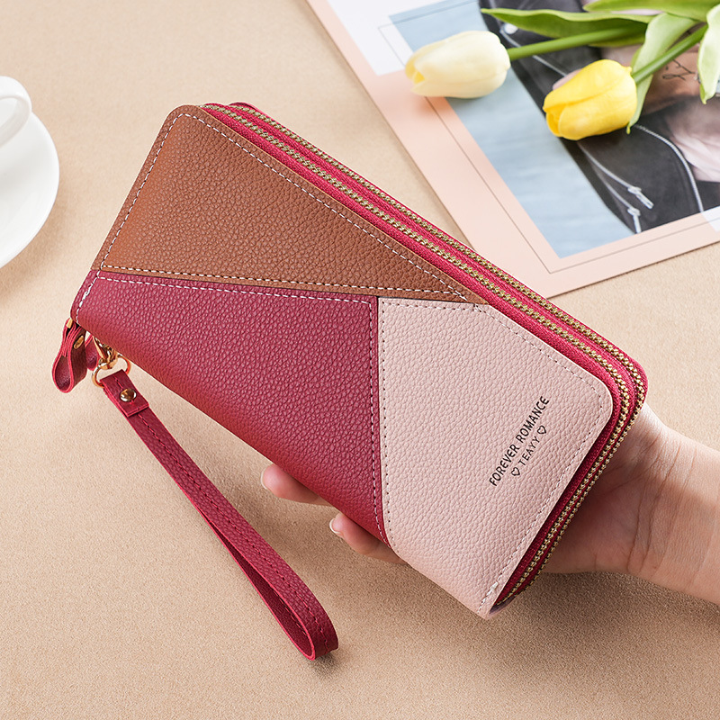 New patchwork color contrast large capacity dual pull phone bag for women's wallet