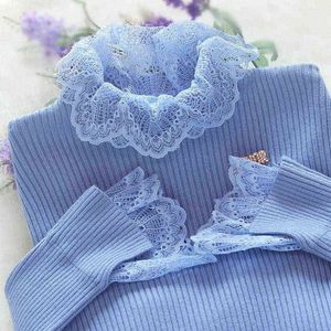 Nuevo suéter de encaje de retazos para mujer, jersey de manga larga de otoño para mujer, suéteres azules, jersey de punto informal para mujer, jersey para mujer P306 H1023