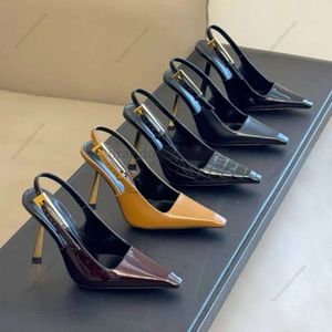 Nouveau cuir verni Slingback Sandales à bout pointu Escarpins à talons aiguilles Semelle en cuir Chaussures habillées Designer de luxe pour femmes Chaussures de soirée de mariage