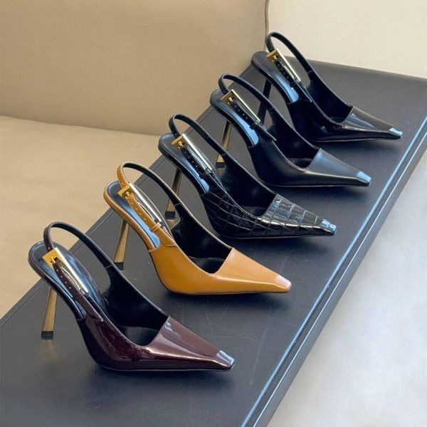 Nouveau brevet en cuir carré Toe Pompes de fronde verseaux Chaussures talons talons sandales 10,5 cm