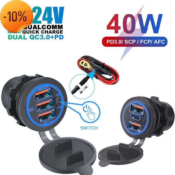 Nouveau PD 68W Triple prise USB chargeur de voiture prise USB prise allume-cigare avec interrupteur d'alimentation pour voiture bateau Marine RV 12-24V