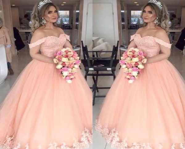 Nuevos vestidos de quinceañera de color melocotón con apliques en los hombros, cuentas con cordones, vestido de fiesta de tul 16, vestidos de fiesta para niña dulce, vestidos de fiesta personalizados M2911639