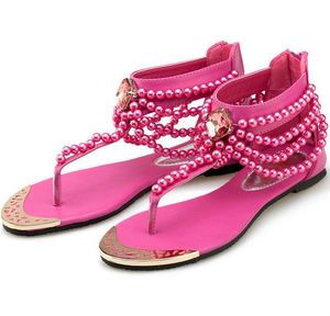 Nouvelle chaîne de perles perles strass sandales à talons compensés jaune talon plat tongs mode Sexy été sandale femmes sandales chaussures