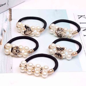 Nouveau Perle Couronne Rose Papillon Élastique Bandes De Cheveux Pour Les Femmes Coréenne Double Perles Bande De Caoutchouc Gencives Cheveux Accessoires En Gros AA220323