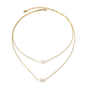 Nuevo collar de perlas para mujeres con acero inoxidable de oro de 18 km con incrustaciones con joyas de regalo de banquete de doble capa de perlas de agua dulce