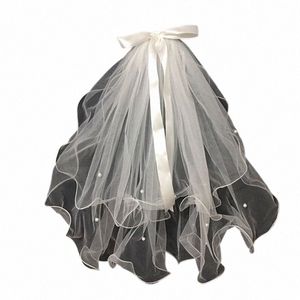 Nouveau voile de perles Voile de mariée Ribb Bow Voile court Blanc Accessoires de mariage Mariage de mariée Photo Photographie 53zT #