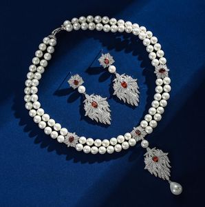 Nuevas perlas y collar de cristal de circón y aretes joyas de boda para accesorios de fiesta de fiesta