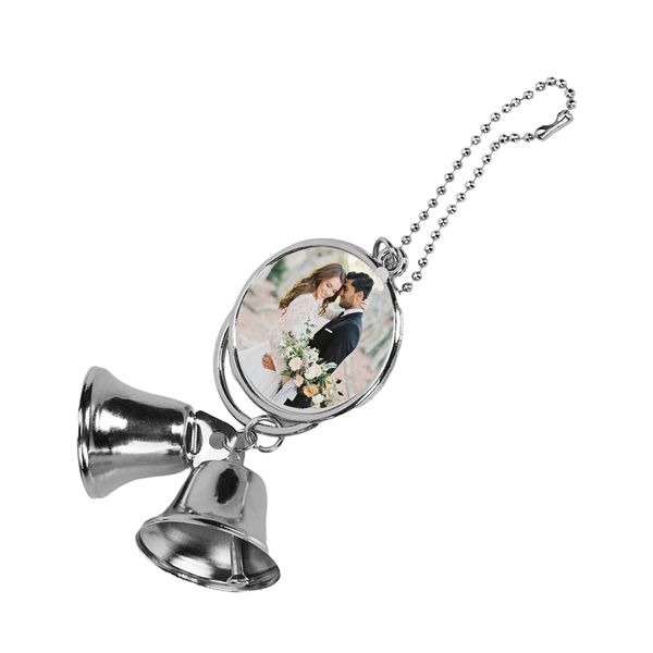 Nouveaux pendentifs blanc alliage rond transfert thermique cadre Photo pendentif avec cloches personnalisé voiture ornement décor à la maison