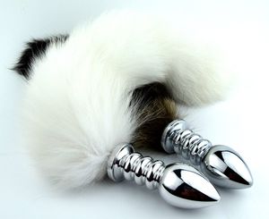 Penis ring mannelijke kuisheidsgordel roestvrij staal zilveren spiraal grote anale plug met witte vosstaart