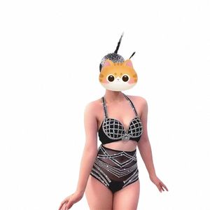 Nouveau Costume de performance Chanteuse Discothèque Bar Dr Perspective Mesh Sexy Plume Chapeaux GOGO Dance Team Show Bikini y2yq #