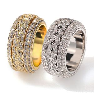 Nouveau personnalisé 18K Or Bling Zircon Cubique Cubain Rotation Bague Glacé Diamant Bande Anneaux Hip Hop Rappeur Bijoux Pour Hommes Femmes