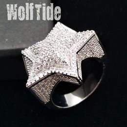 Nieuwe Gepersonaliseerde 18K Vergulde Witte CZ Zirconia Pentagram Ringen Diamant Hip Hop Sieraden Geschenken voor Mannen Vrouwen 20mm Maat 7-11 Wh274d