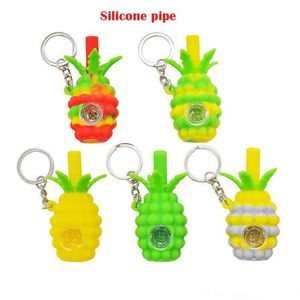 Nouveau porte-clés en silicone en forme d'ananas Pipes à main colorées Bong mignon avec bol en verre amovible Tuyau de brûleur à huile de tabac à herbes sèches