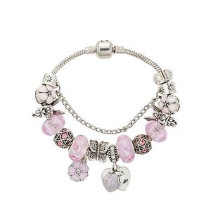 Nueva pulsera de cuentas de cristal rosa Diseñador de lujo para Pandora Silver Plated DIY Charm Angel Peach Heart Pulsera colgante con caja original