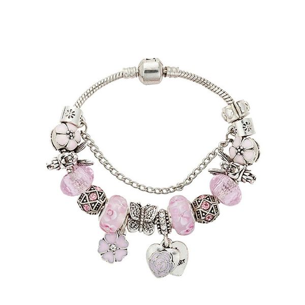 Nouveau bracelet en perles de cristal rose Designer de luxe pour Pandora Argent Plaqué DIY Charme Ange Peach Coeur Pendentif Bracelet avec Origi260K