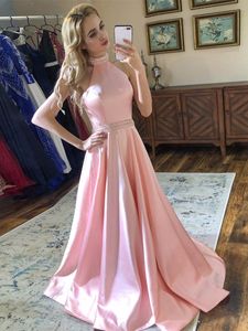 Nieuwe roze avondfeestjurk een lijn halter nek backless kralen satijn lange prom formele jurken gewaad de soiree 2023 Vestidos fieast