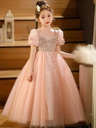 Nouveau rose filles robes princesse fête dentelle fleur fille robe bébé enfants été mer anniversaire enfants vêtements manches courtes filles Pageant robe Tulle pageant robe