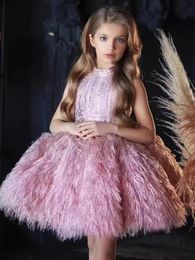 Nouvelle robes de fille de fleur luxueuse rose Plume Crystals en perles de bouche transparente