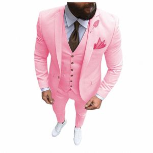 Nieuwe roze heren 3 stuks Pak Formele Busin Notch Rapel Slim Fit Tuxedo Best Man Blazer For WeddingBlazer+Vest+Pants U2DK#