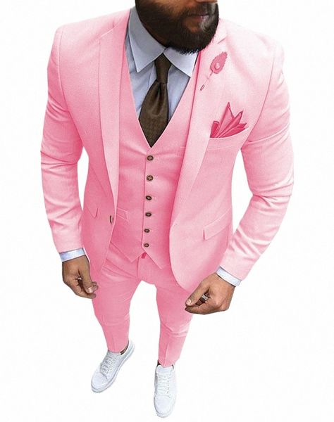 Nouveau rose hommes 3 pièces costume formel Busin cran revers Slim Fit Tuxedos meilleur homme Blazer pour la fête de mariage ensemble s1cC #