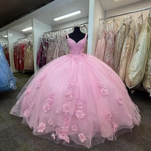 Nouvelle robe quinceanera rose appliques en dentelle 3d fleurs de la robe de balle en perle de f￪te d'anniversaire de f￪te porm vestido de 15 anos